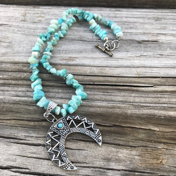 Southwestern Amazonite Gemstone Necklace Handmade Squash Blossom Silver Beaded - Picture 4 of 15